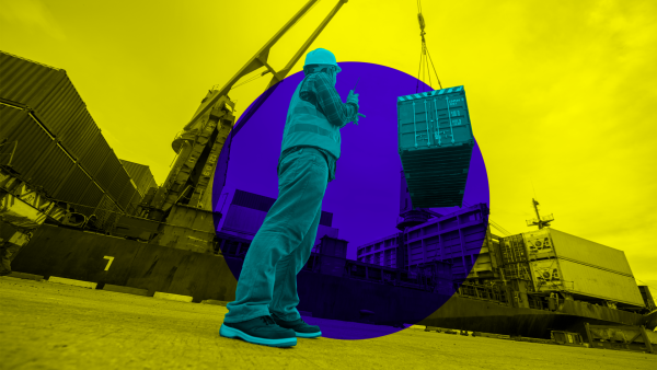 stylised image of man near shipping container on crane