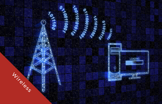 Digital image showing binary beamed between radio mast and computer